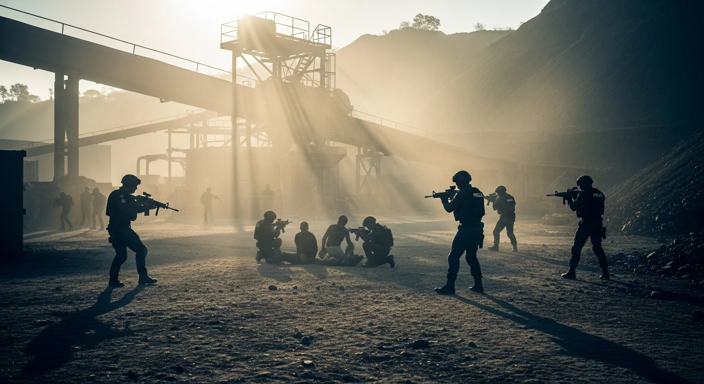 South African security forces conduct a tactical operation to arrest illegal miners at an industrial site in Ekurhuleni.