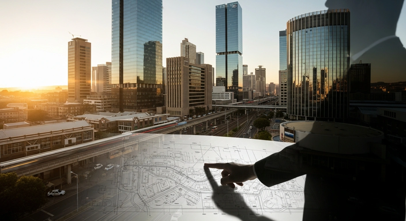 A professional hand gestures toward urban development blueprints in a modern South African city, representing the infrastructure reforms funded by the OPEC Fund for International Development.