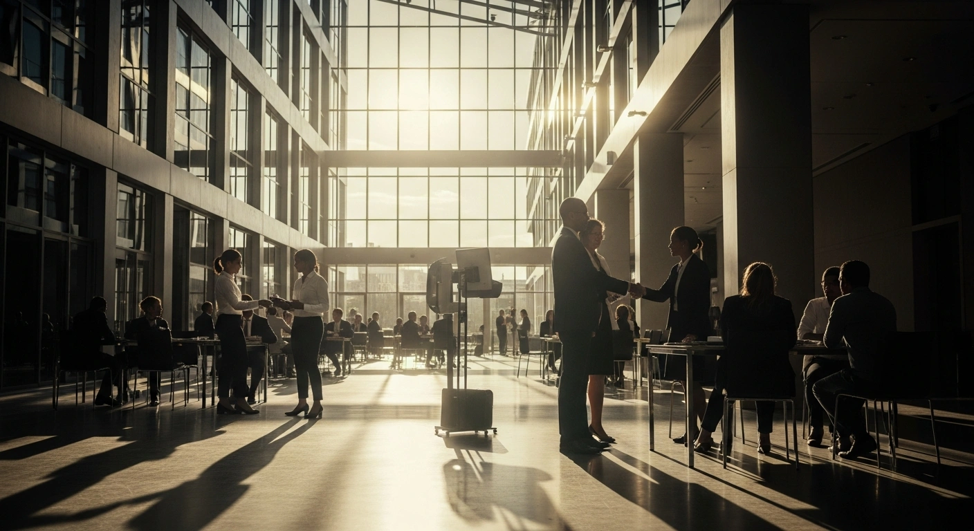 Business professionals gather at a modern conference venue in South Africa to discuss economic growth and international investment opportunities.