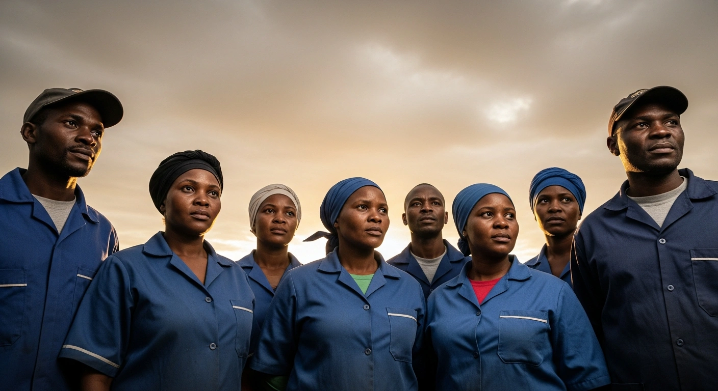 A diverse group of South African workers, including a farmhand and a domestic worker, stand together looking towards a hopeful horizon under a soft dawn light, symbolizing the upcoming national minimum wage increase benefiting approximately 5.5 million individuals.