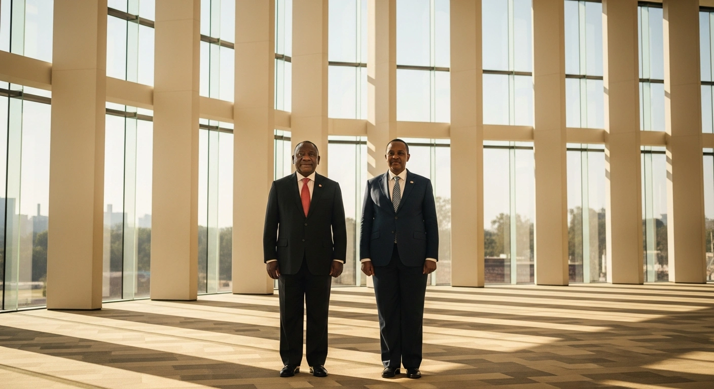 President Cyril Ramaphosa and President Netumbo Nandi-Ndaitwah stand together during the fourth session of the South Africa-Namibia Binational Commission to discuss regional cooperation.
