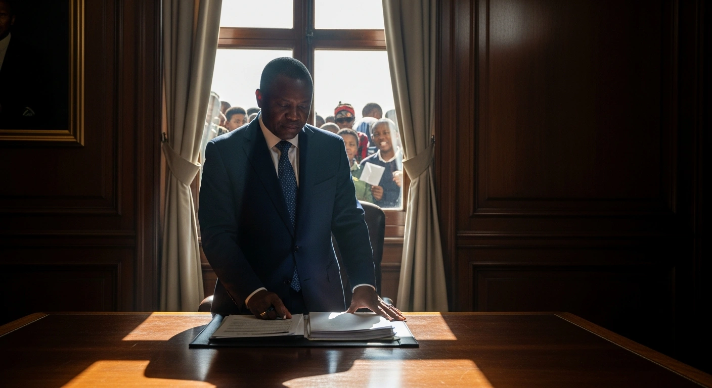 South Africa's Finance Minister Enoch Godongwana is depicted making a decision regarding medical scheme tax credits, which delays funding for the National Health Insurance (NHI) scheme, impacting low- and middle-income earners.