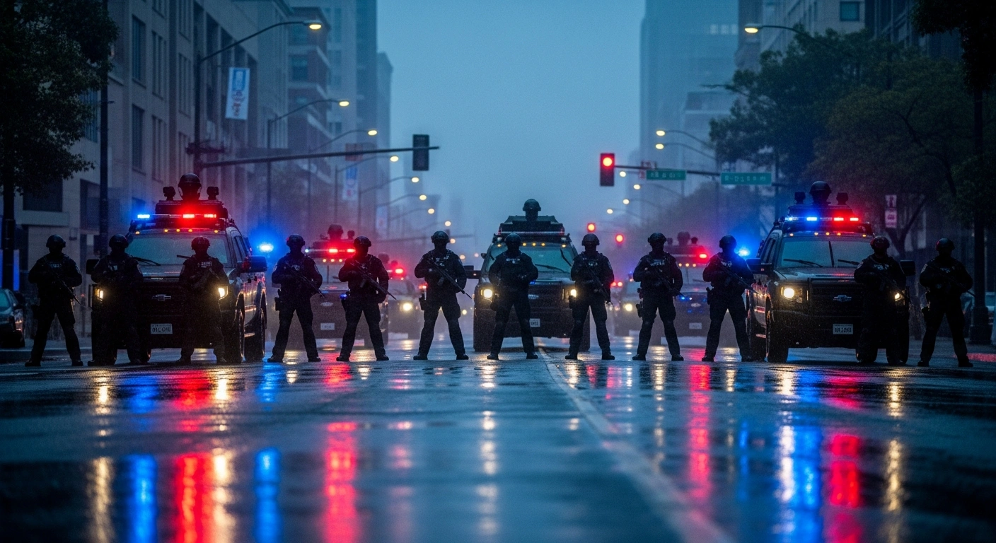South African police officers in tactical gear patrol an urban area during a major security operation to restore order.