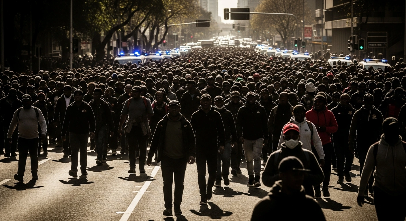 Thousands of protesters march through a South African city street during a demonstration regarding undocumented foreign nationals as police vehicles monitor the scene.