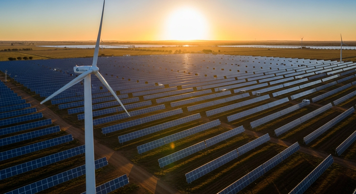 A vast solar farm with rows of photovoltaic panels under a golden hour sky, alongside a modern wind turbine, symbolizing South Africa's Integrated Resource Plan (IRP 2025) and its significant shift towards renewables and clean energy sources for energy security and decarbonization.