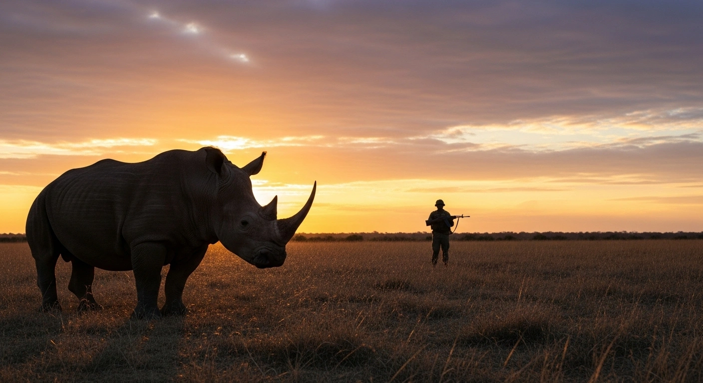 A powerful dehorned rhino stands in an African savanna at sunrise, while an armed ranger patrols in the distance, representing South Africa's ongoing conservation efforts against rhino poaching.