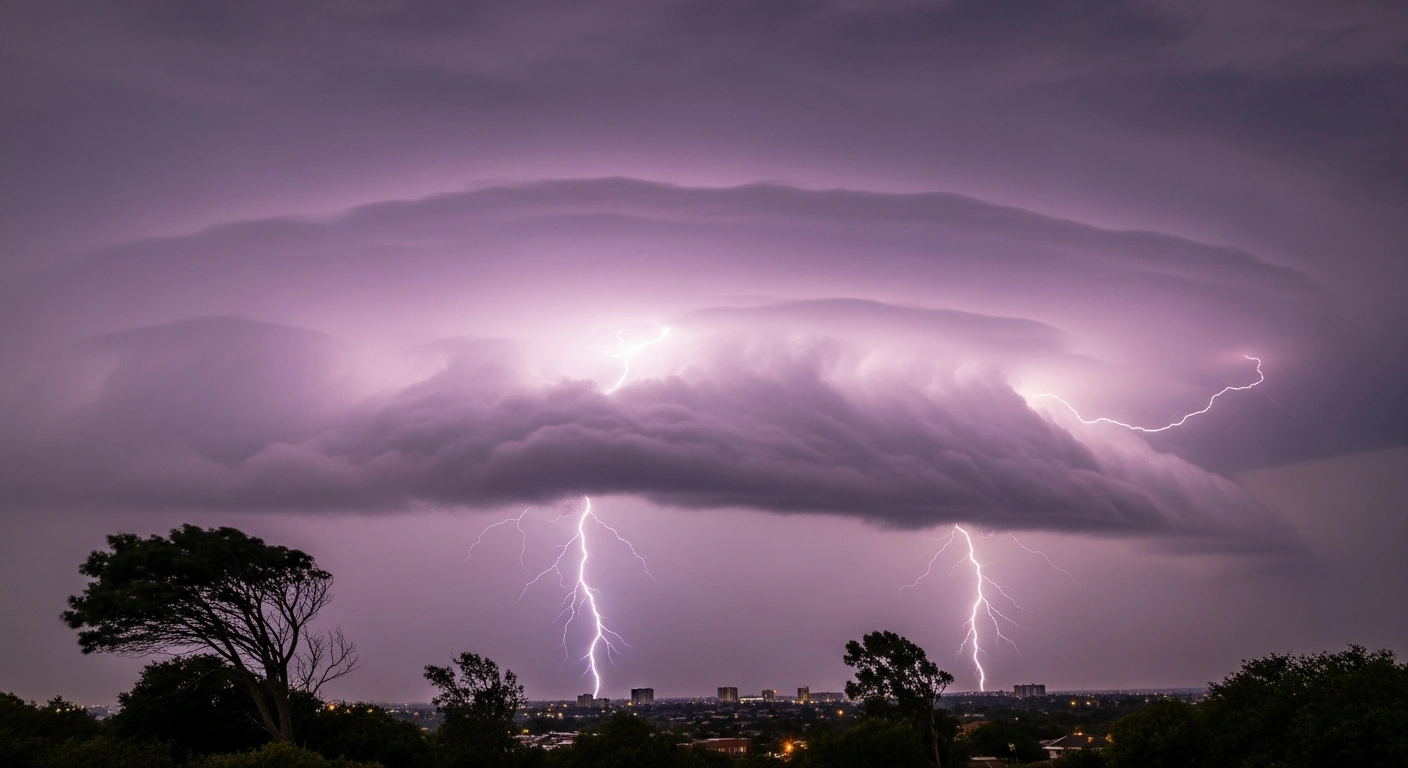A dramatic, wide shot captures a severe thunderstorm with intense lightning and heavy rainfall descending over a South African landscape, illustrating the warning issued by the South African Weather Service for Gauteng, Limpopo, Mpumalanga, and North West provinces, urging residents to prepare for potential localized flooding.