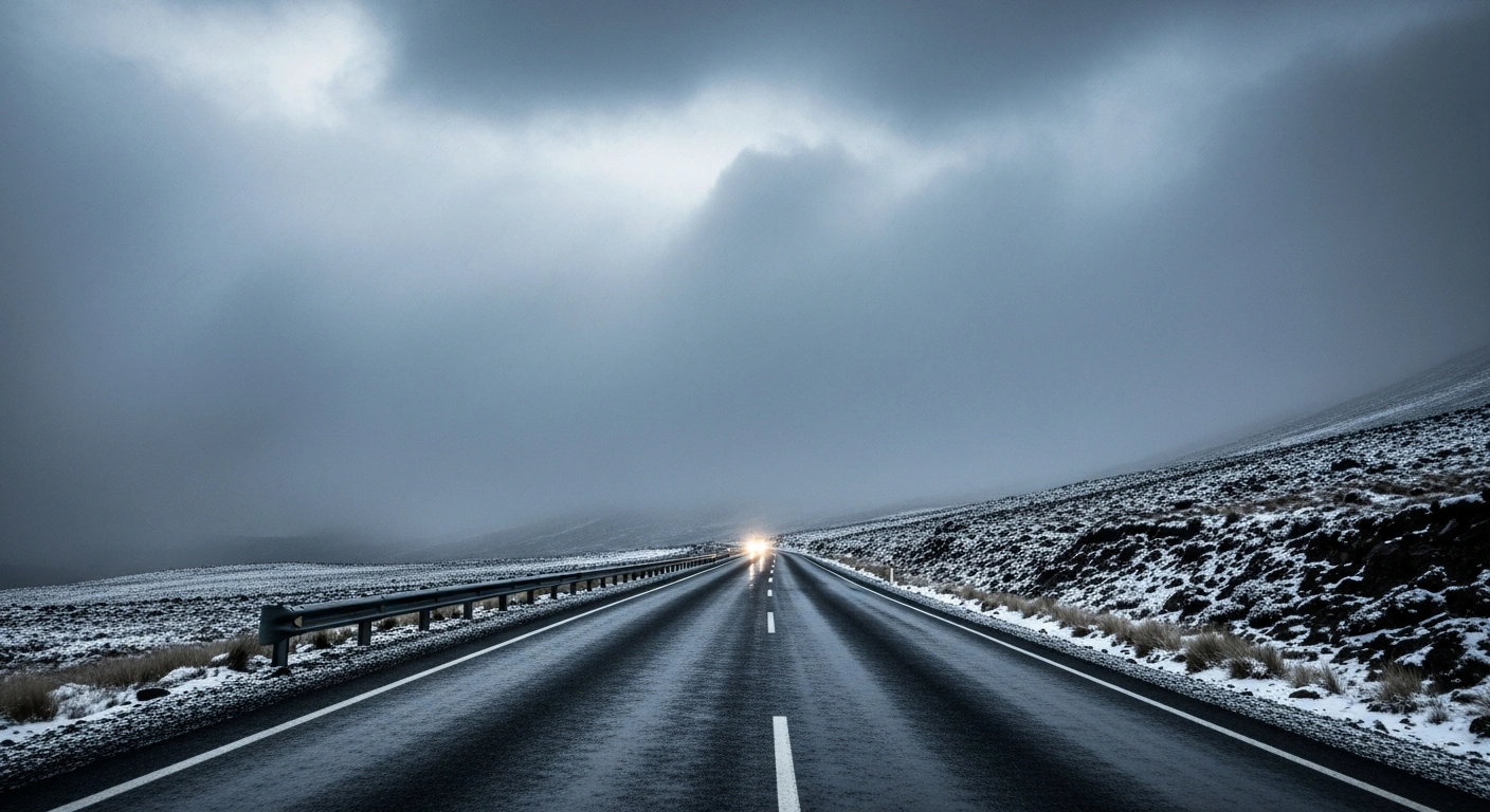 A hazardous mountain road in South Africa is covered in snow and rain during a severe weather warning issued by the South African Weather Service.
