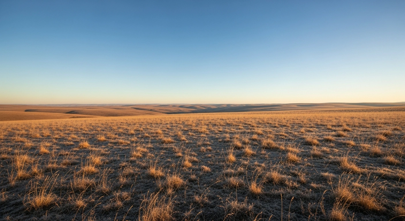A wide landscape view of the South African highveld under a clear blue sky during a calm and stable mid-winter day.