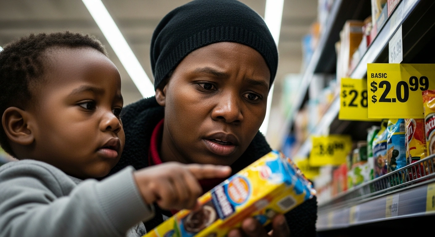 A South African mother looks with concern at a price tag in a sparsely stocked supermarket aisle, with her child beside her, illustrating the impact of US tariffs on food and household goods leading to higher prices for consumers during the festive season.