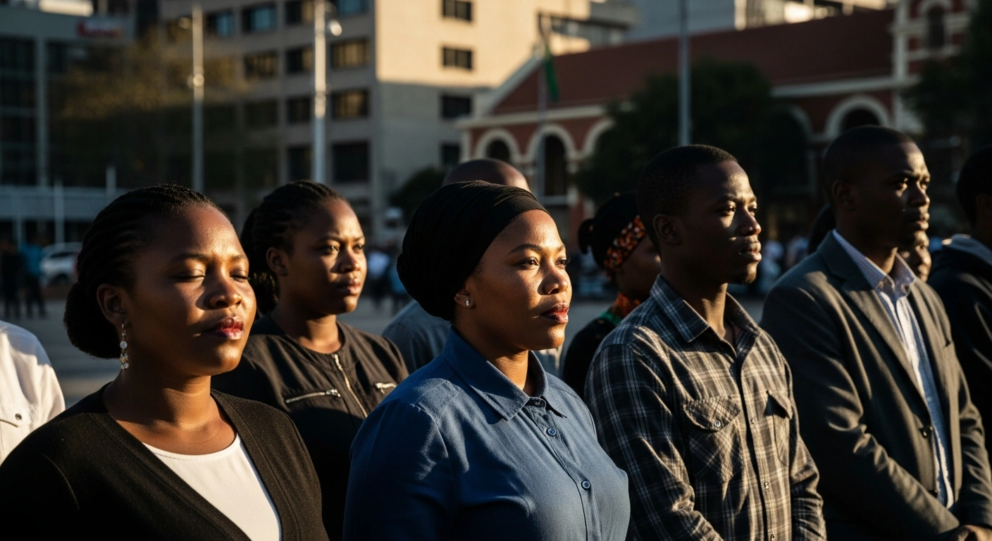 A diverse group of South African citizens stands together in a sunlit public square to represent national unity and social cohesion amidst government efforts to address migration concerns.