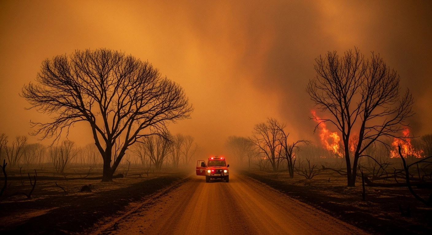A wide, low-angle shot captures a desolate, wildfire-scorched landscape in South Africa's Cape provinces, featuring charred trees against a sky thick with orange-brown smoke, with a lone emergency vehicle in the mid-ground, representing the over 100,000 hectares burned, significant infrastructure damage, and strained emergency services due to ongoing wildfires.