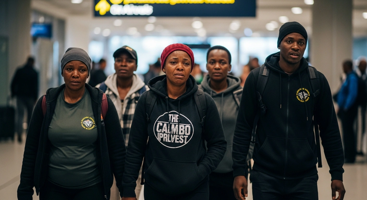 South African activists arrive at Johannesburg airport after being released from detention following their participation in an international humanitarian aid flotilla to Gaza.