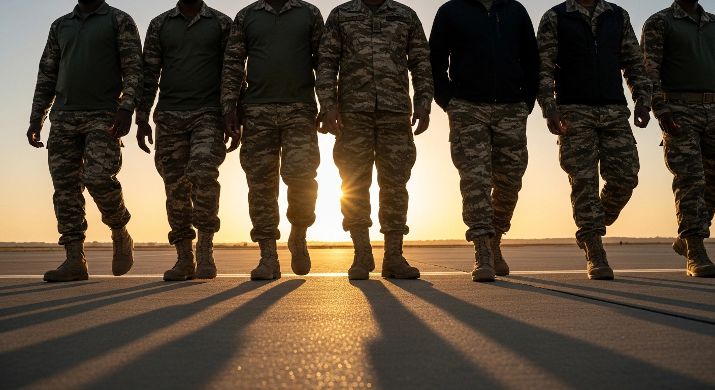 Eleven South African men, repatriated after being allegedly lured to Russia and deployed to fight in Ukraine, are depicted stepping onto a sunlit tarmac, their faces showing a mix of relief and lingering trauma.