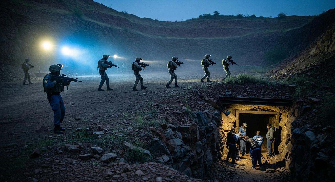 South African security forces conduct a tactical operation to arrest illegal miners at an abandoned mining site in Ekurhuleni.