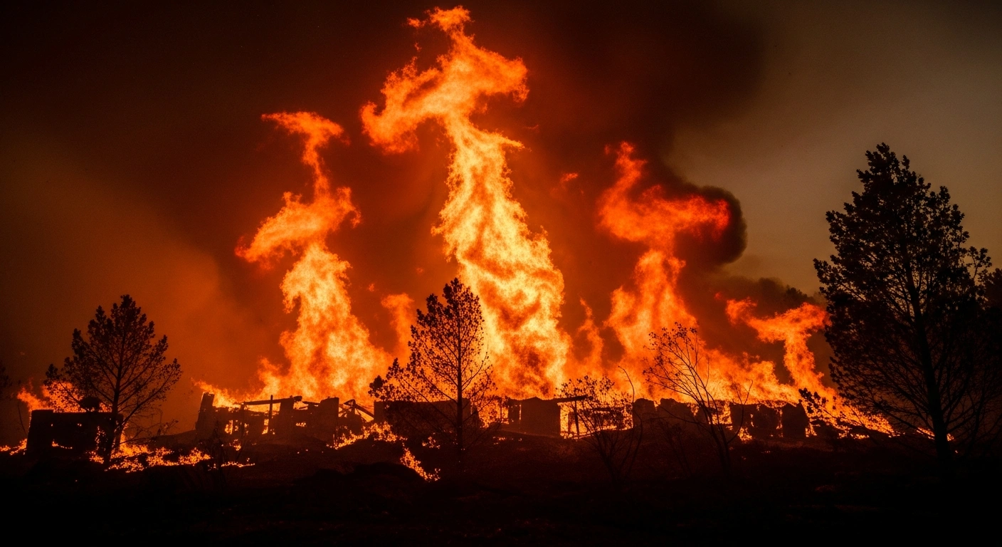 A devastating bushfire rages across the landscape in South Australia's Fleurieu Peninsula, east of Mount Compass, with towering flames and thick smoke engulfing over 650 hectares, as firefighters battle the uncontrolled blaze amidst destroyed structures.