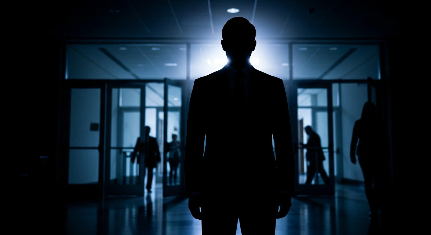 A shadowy figure stands in a government building corridor, representing the concerns over transparency and the influence of third-party lobby groups in South Australian politics.