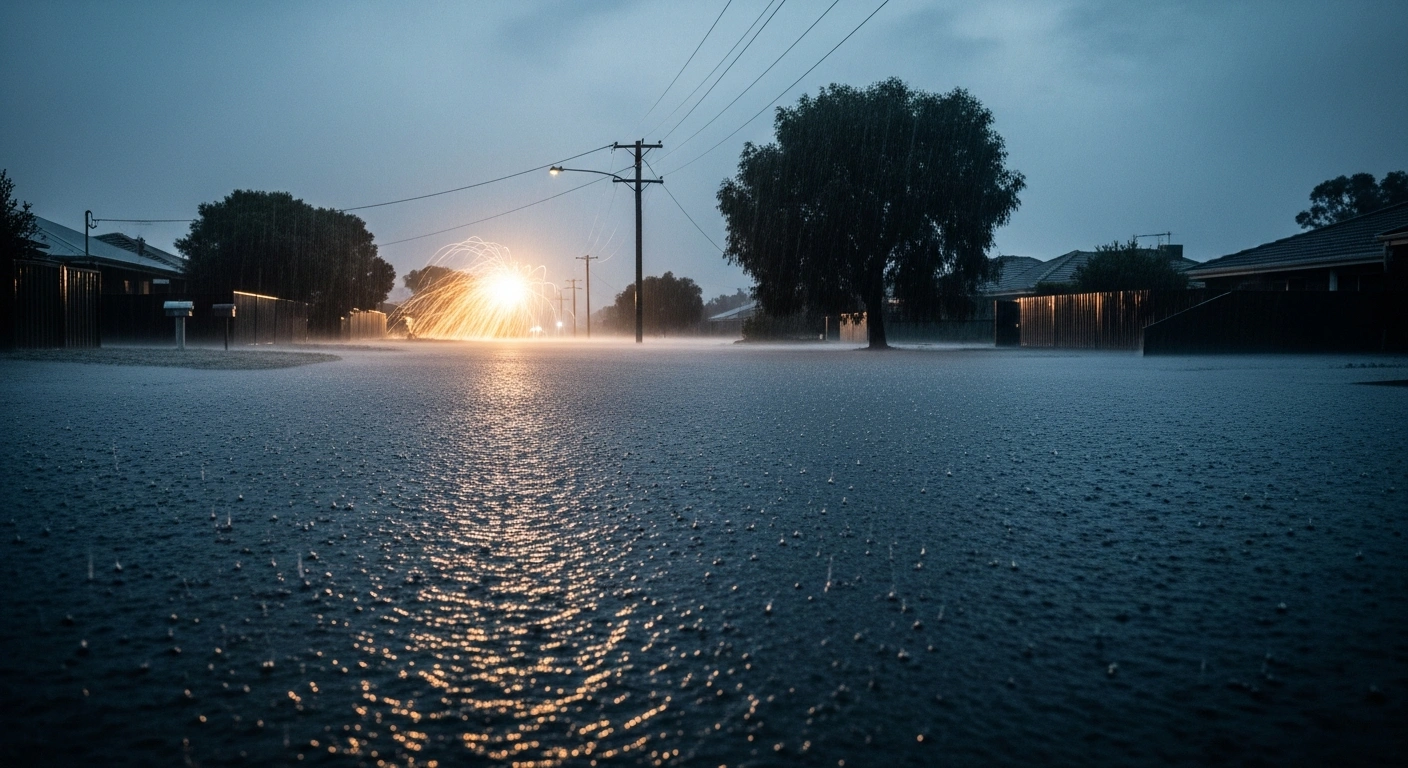 A flooded suburban street in South Australia experiences heavy rainfall and power outages caused by severe winter storm conditions.
