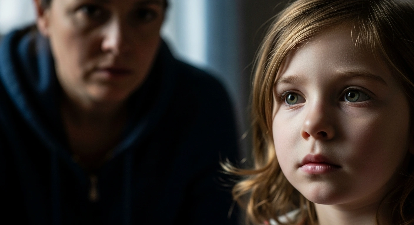 A close-up of a young child with a worried expression and flushed skin, illuminated by soft natural light, with a blurred adult figure in the background, representing the vulnerability during the measles outbreak in South Carolina affecting unvaccinated individuals.