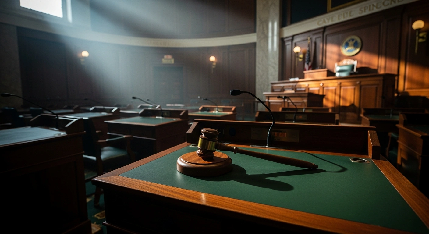 The interior of the South Carolina state senate chamber shows empty desks and a gavel, representing the rejection of a congressional redistricting proposal.