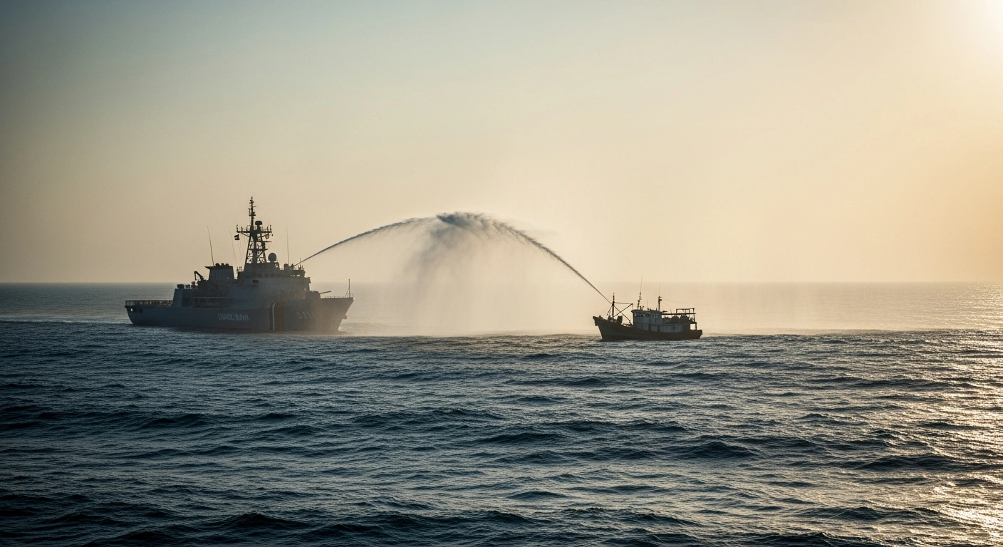 A Chinese Coast Guard vessel uses a high-pressure water cannon against a Philippine fishing boat near the Scarborough Shoal in the South China Sea.