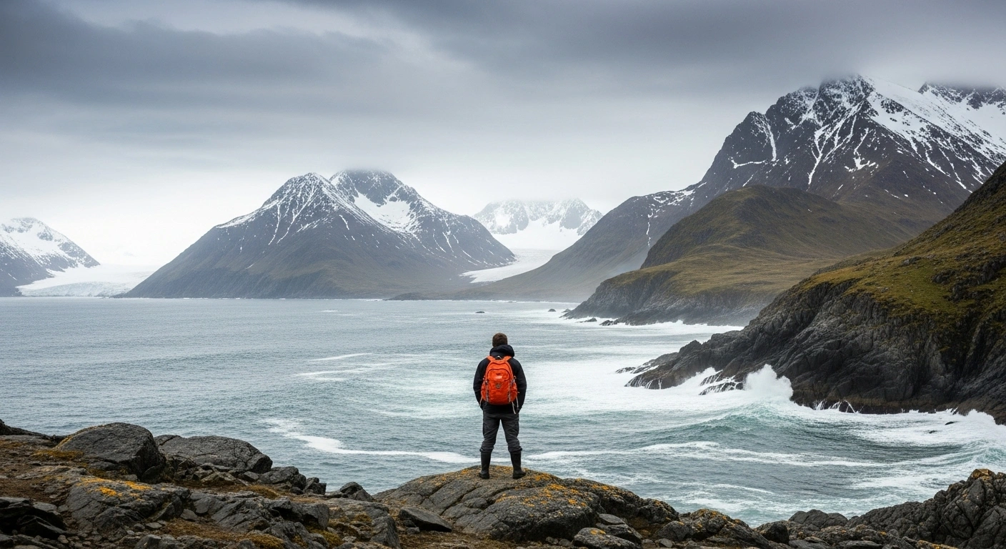 A lone figure stands on a rocky outcrop overlooking the ice-capped mountains and steel-blue ocean of South Georgia, symbolizing the new Electronic Travel Authorization (ETA) system for the 2025-26 tourism season, which regulates access and bolsters environmental protection for the British Overseas Territory.