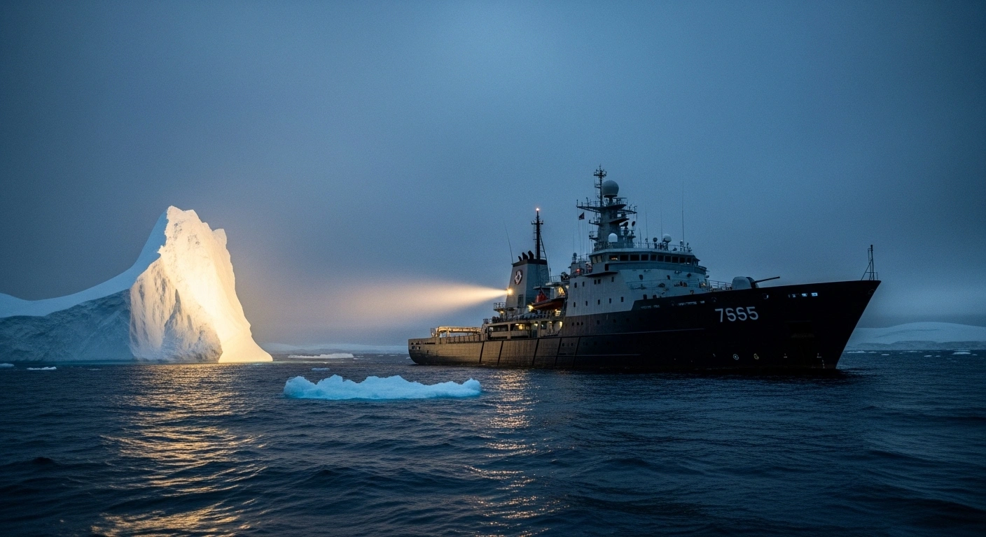 A robust, multi-purpose patrol vessel, chartered by the Government of South Georgia and the South Sandwich Islands, cuts through the icy waters of the Scotia Sea, performing essential fisheries protection, security, and scientific tasks.