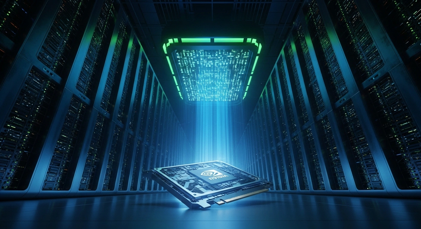 A wide, low-angle shot of a colossal, ultra-modern server complex, bathed in cool blue and green light, with a glowing, intricately detailed NVIDIA GPU in the foreground, symbolizing the massive deployment of 260,000 NVIDIA GPUs by the South Korean government and major industrial partners to expand AI infrastructure and establish a global AI hub.