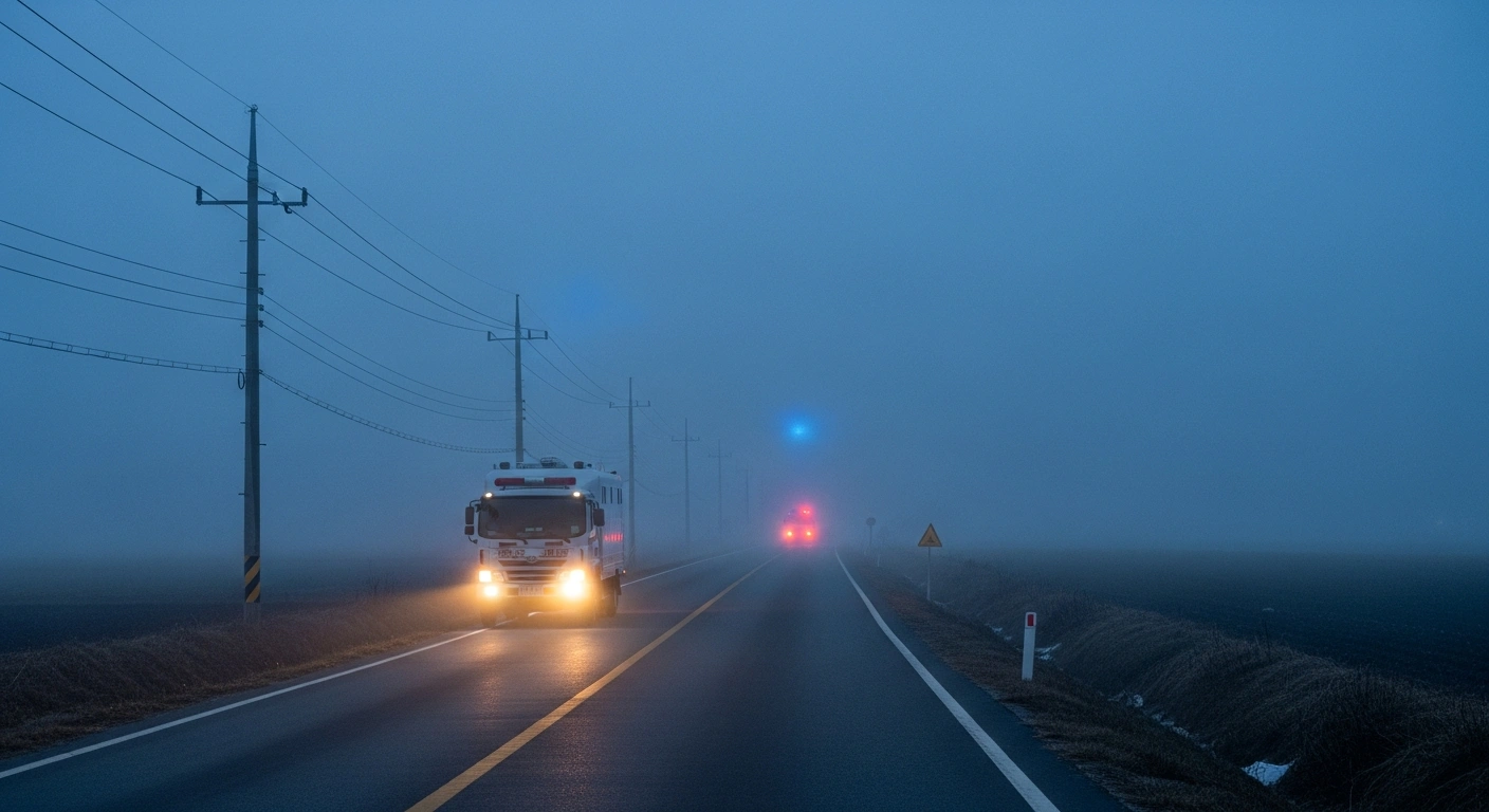 A wide, low-angle shot of a deserted, mist-shrouded rural road in South Korea's Yeonggwang County, with a lone official vehicle in the foreground, its headlights cutting through the fog, symbolizing the nationwide 48-hour standstill and intensified quarantine efforts against African Swine Fever.