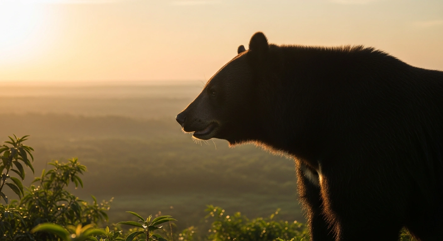 An Asiatic black bear stands in a lush sanctuary at sunrise, symbolizing the end of bear bile farming in South Korea following the official ban.