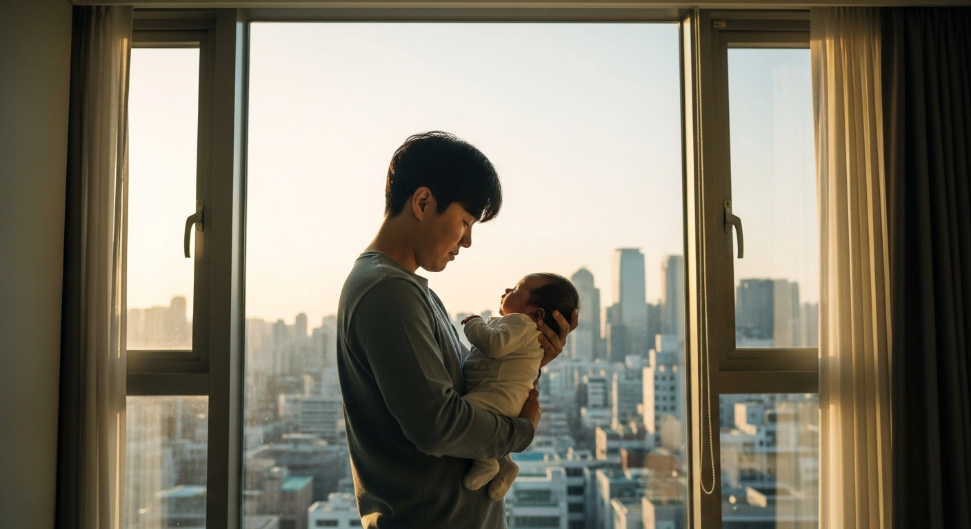 A parent holds a newborn baby in a bright, modern apartment in South Korea, representing a modest increase in the national birth rate.
