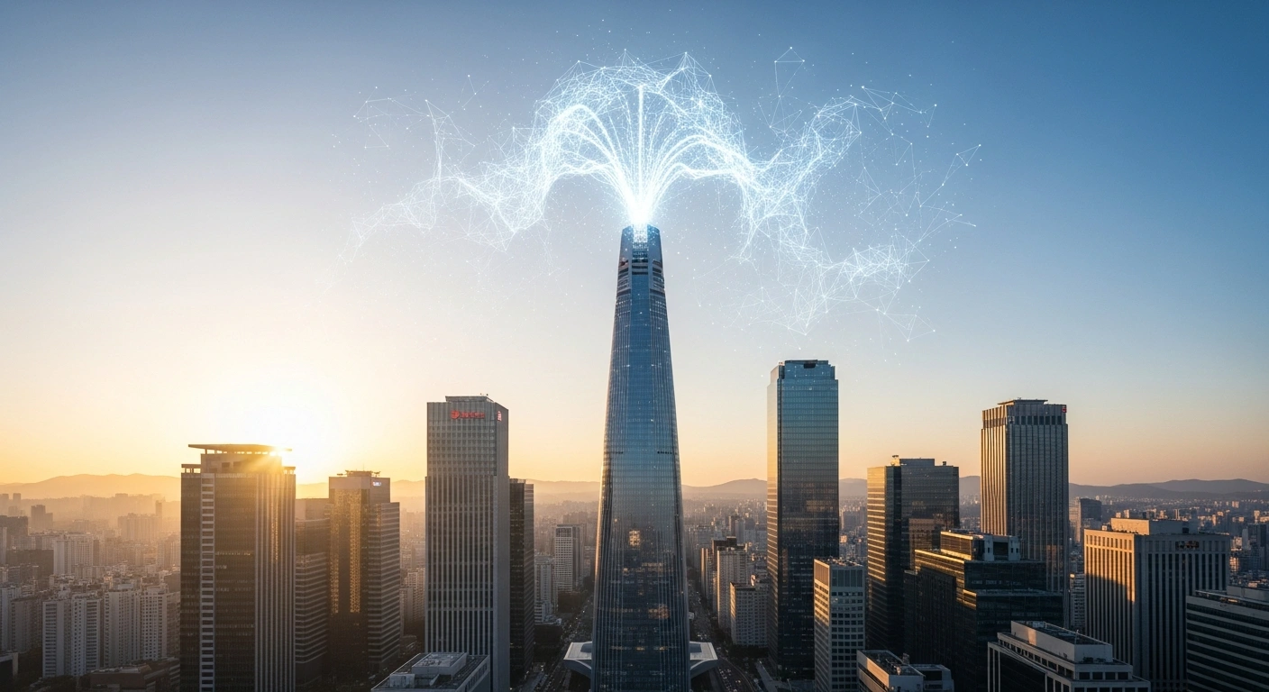 A futuristic cityscape of Seoul at dawn, with golden light illuminating sleek skyscrapers and a digital light current emanating from a central building, symbolizing South Korea's approval of spot Bitcoin ETFs as part of its 2026 Economic Growth Strategy and alignment with global digital asset markets like the US and Hong Kong.