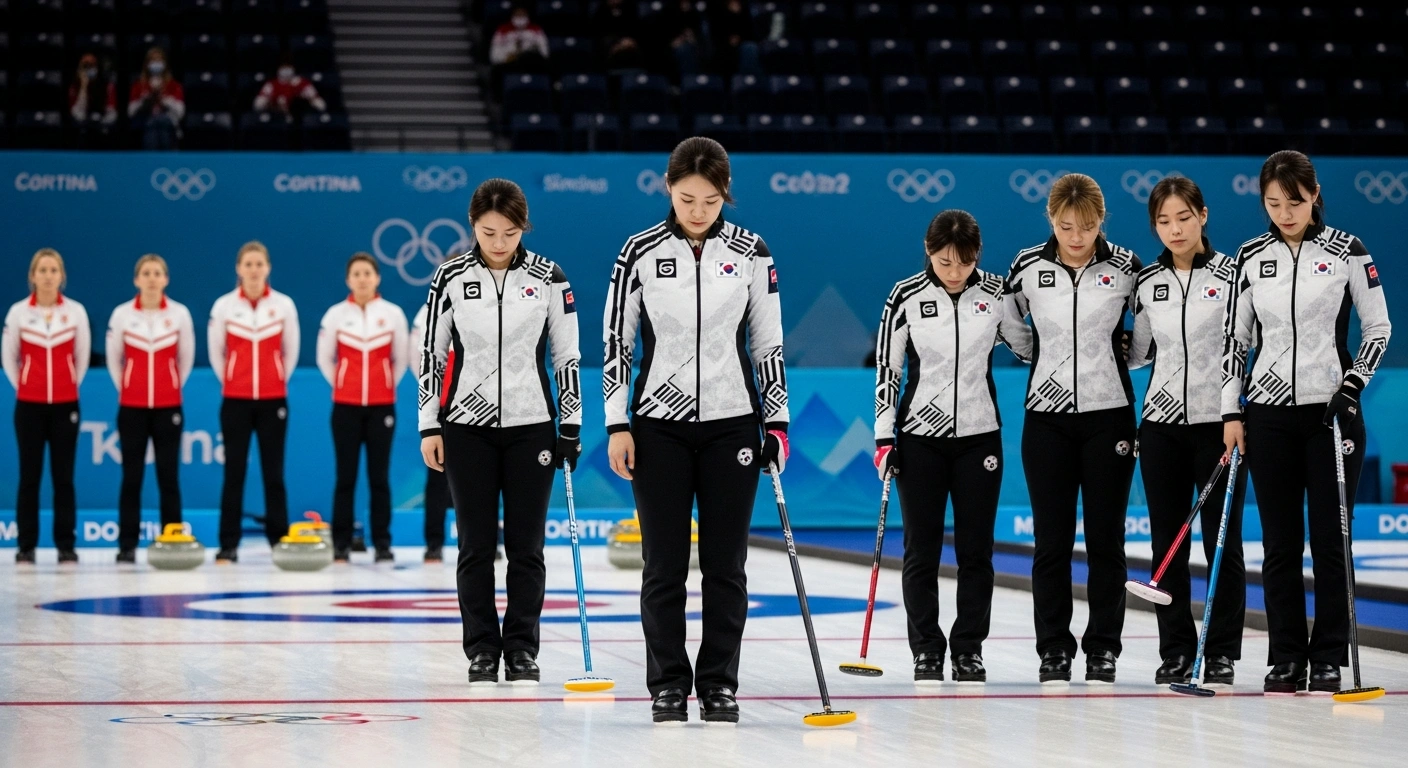 The South Korean women's curling team stands dejectedly on the ice of the Cortina Curling Olympic Stadium after their 7-5 defeat against Switzerland during the Milan-Cortina 2026 Winter Olympics.