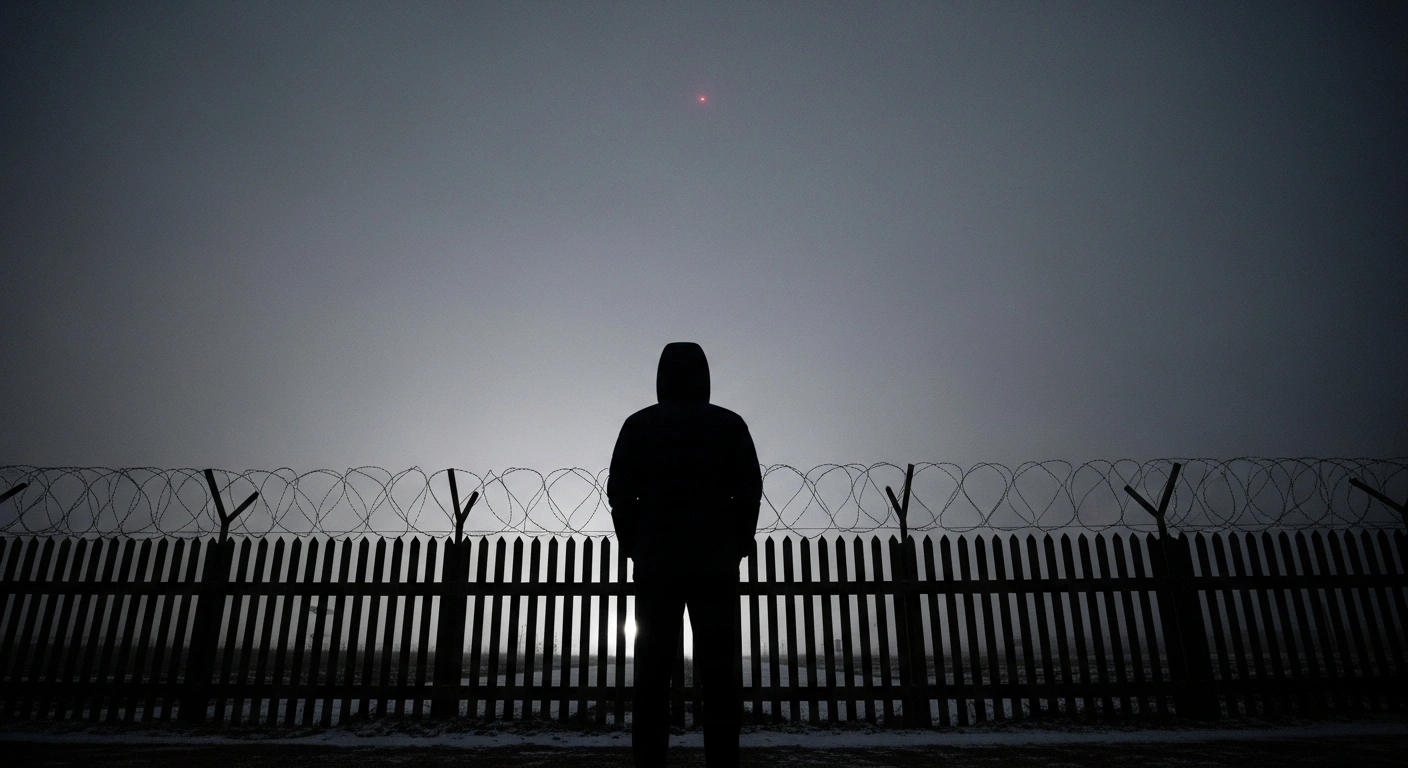 A lone civilian figure stands silhouetted against a cold, moonlit sky at a heavily fortified border fence, looking towards a misty, shadowed landscape, representing the ongoing investigation into alleged drone flights over North Korea and the subsequent overseas travel bans imposed by South Korea.