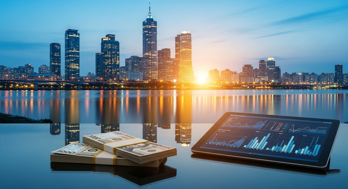 A visual representation of the South Korean government's economic strategy featuring currency and financial data charts against a backdrop of a modern city skyline.