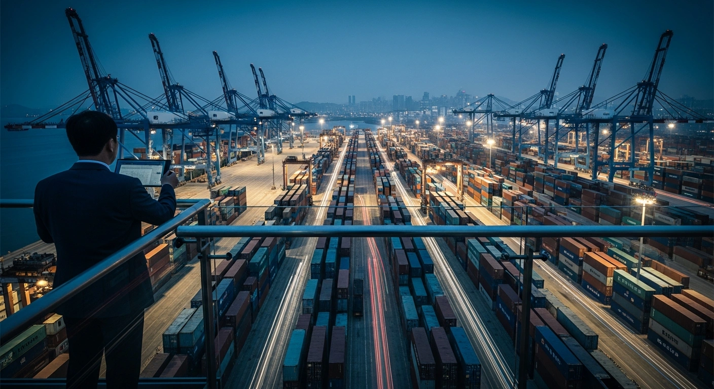 A South Korean official overlooks a busy shipping port at twilight as the government develops contingency plans to protect national economic interests amidst Middle East conflict.