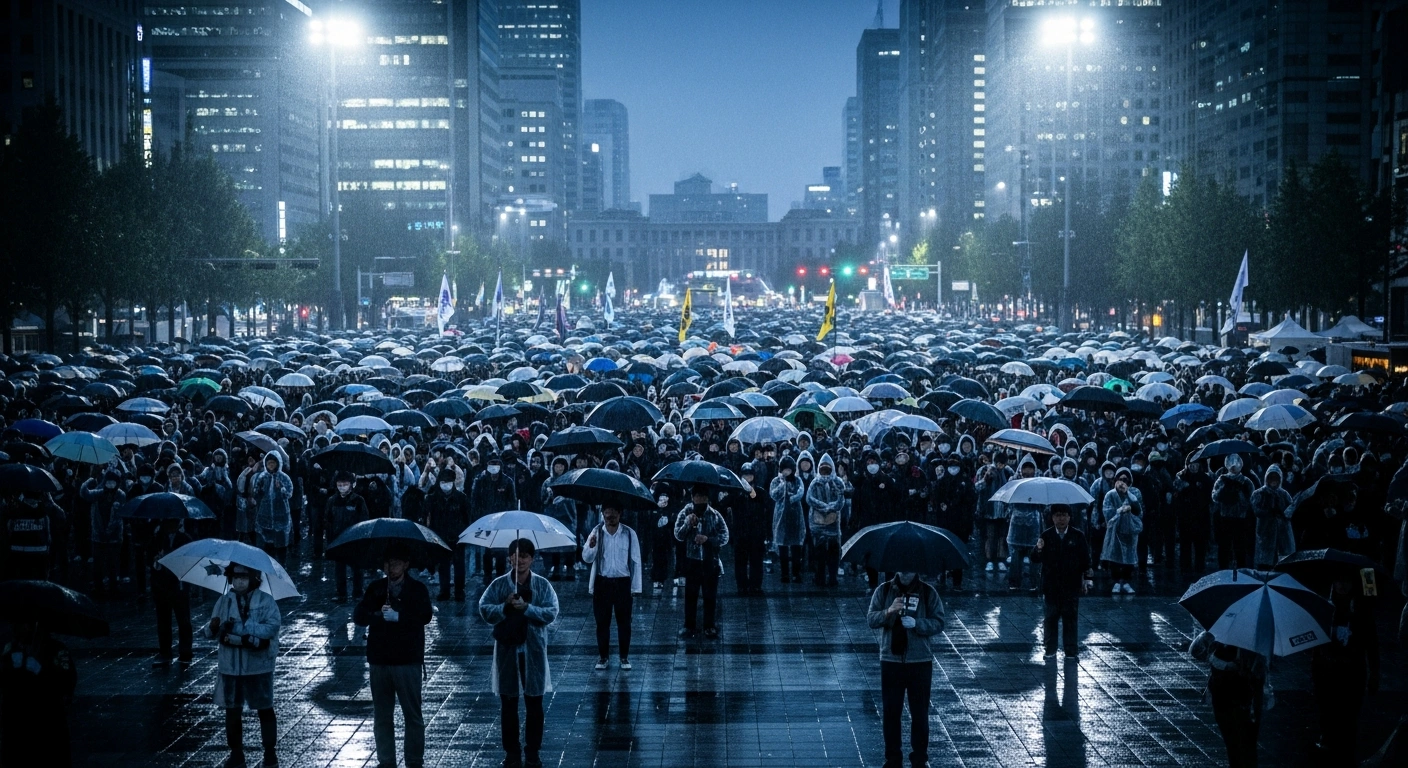 A large crowd of protesters gathers in a South Korean city to demonstrate against alleged irregularities in recent local elections.