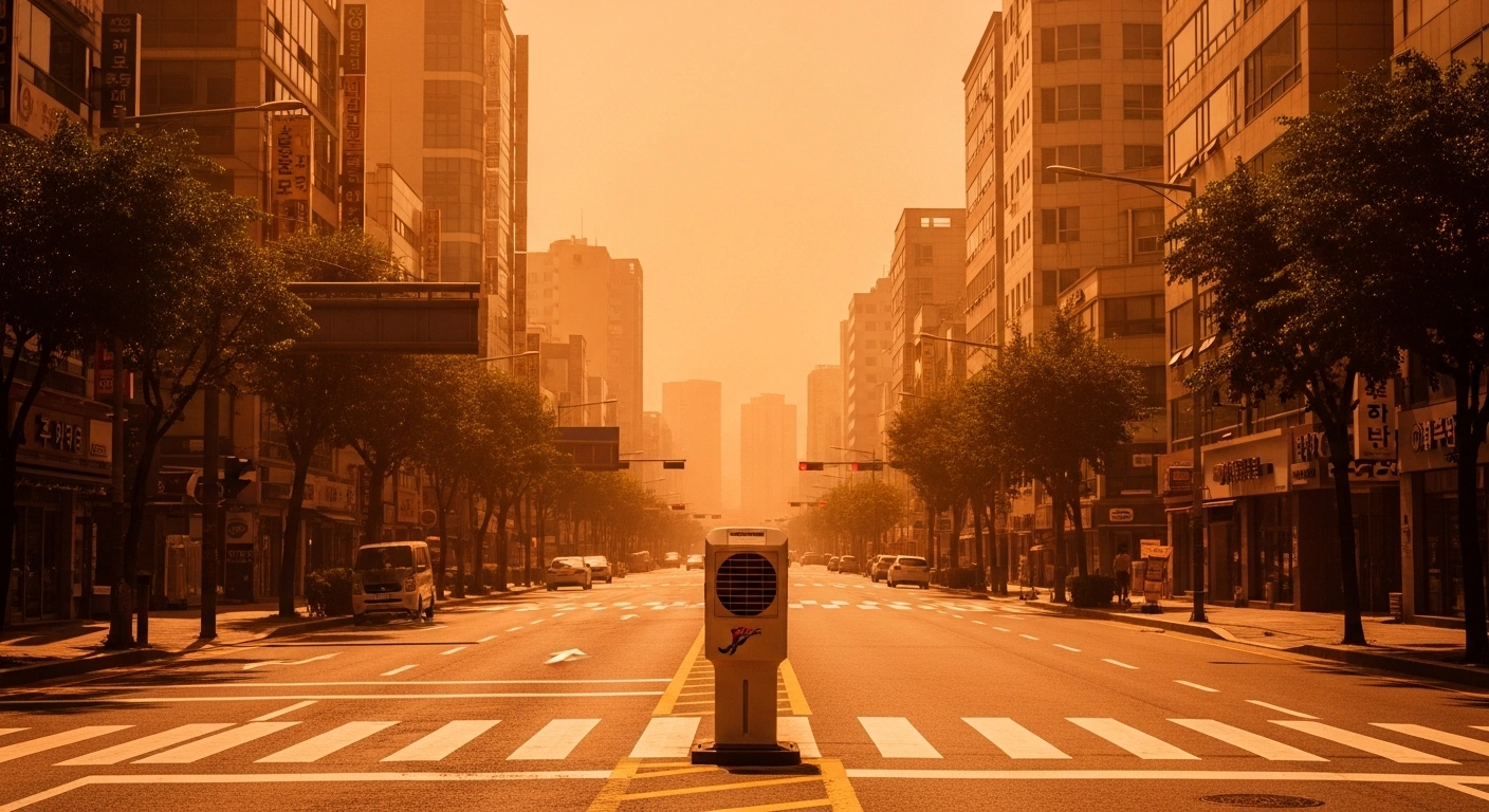 A shimmering, heat-distorted street in Seoul highlights the urgent need for public safety measures during a record-breaking heatwave in South Korea.