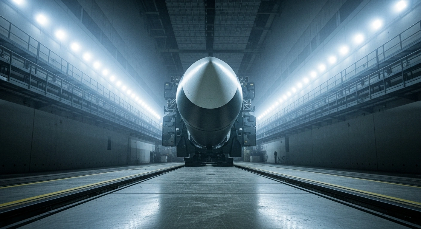 A massive, sleek South Korean Hyunmoo-5 ballistic missile stands ready in a dimly lit, reinforced underground launch facility, symbolizing its deployment to deter North Korean threats against deeply buried bunkers.