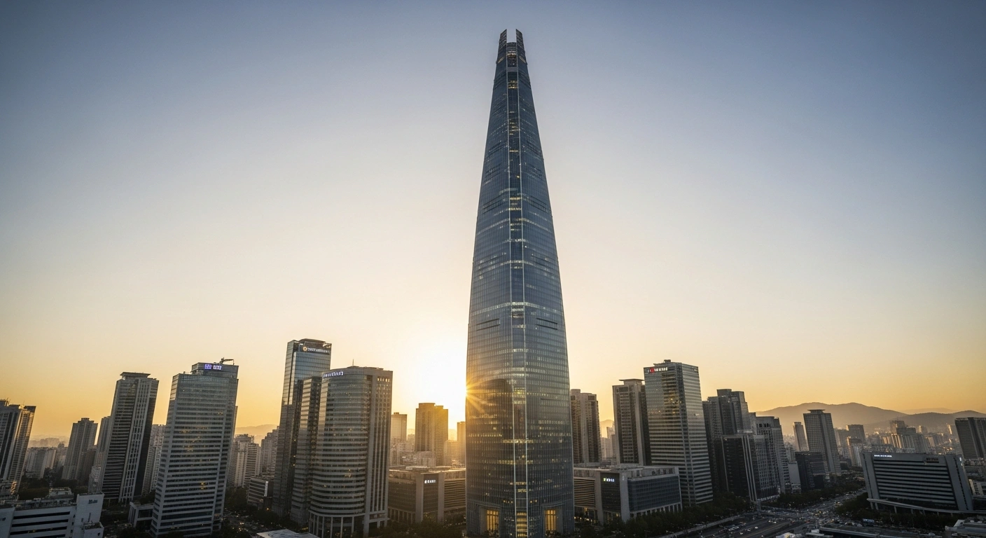 A modern, towering skyscraper in Seoul, illuminated by the soft golden light of dawn, symbolizing the strength and stability of South Korean insurance companies preparing for new capital requirements under K-ICS.