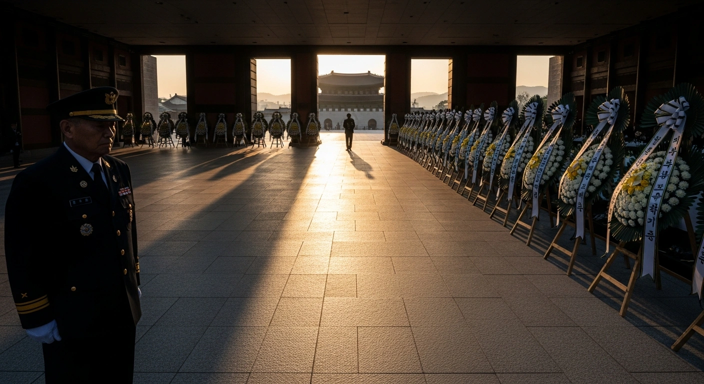 An elderly veteran stands in silent tribute at a memorial display in Gwanghwamun Square during the 76th anniversary commemoration of the Korean War in Seoul.