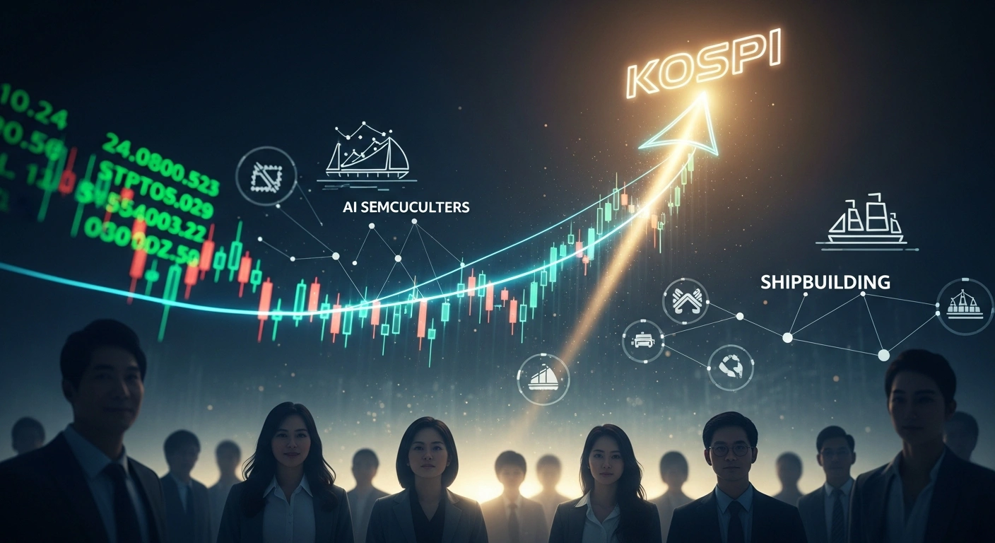 A futuristic digital stock ticker displaying vibrant green data arcs dramatically upwards towards a stylized, illuminated KOSPI index symbol, symbolizing South Korea's benchmark KOSPI index reaching a record high of 5,808.53 on February 20, 2026, driven by robust investor sentiment and gains in AI semiconductor, defense, and shipbuilding sectors.