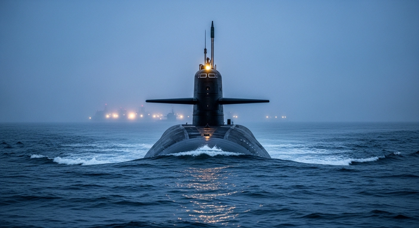 A modern nuclear-powered submarine surfaces in the ocean as part of a strategic maritime defense partnership between the United States and South Korea.