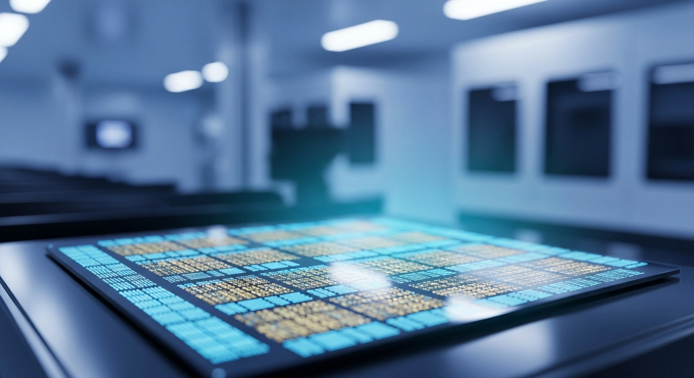 A close-up view of a silicon semiconductor wafer representing South Korea's surging technology exports in March 2026.