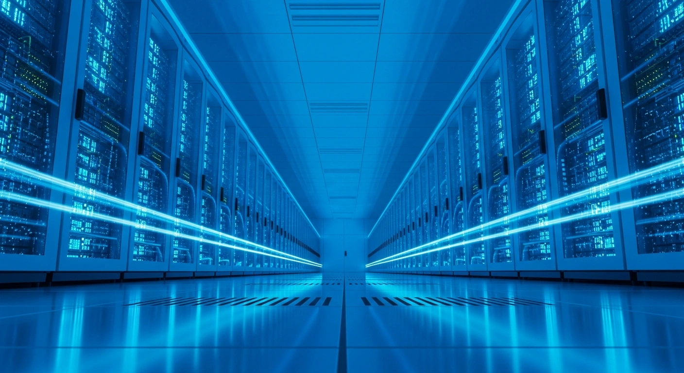 A modern, high-tech data center in South Korea represents the massive infrastructure investment by telecommunications companies KT and LG Uplus into artificial intelligence.
