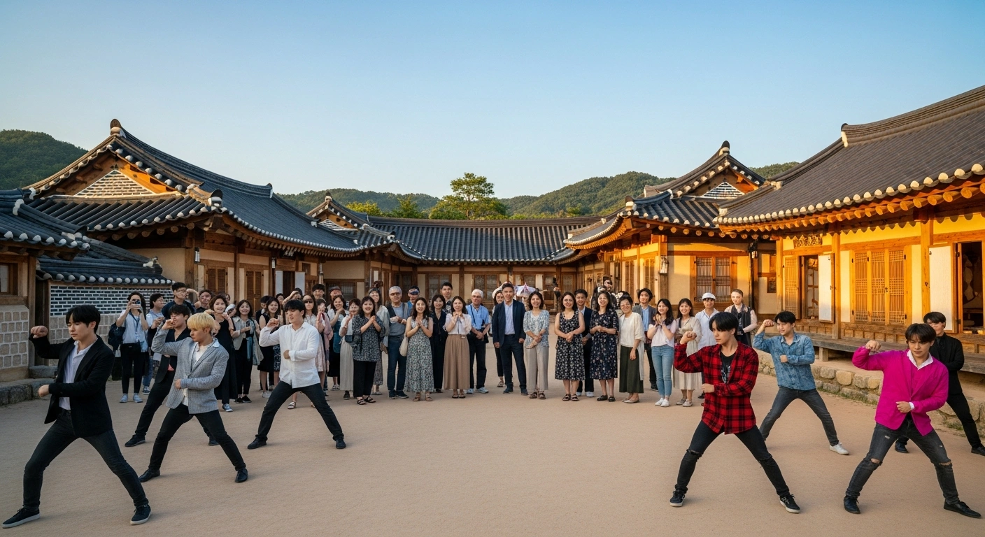 A diverse group of international tourists are captivated by a K-pop inspired dance performance in a traditional Korean village, symbolizing South Korea's tourism overhaul to attract 30 million visitors by 2030, enhancing visitor experience and diversifying tourism beyond Seoul.