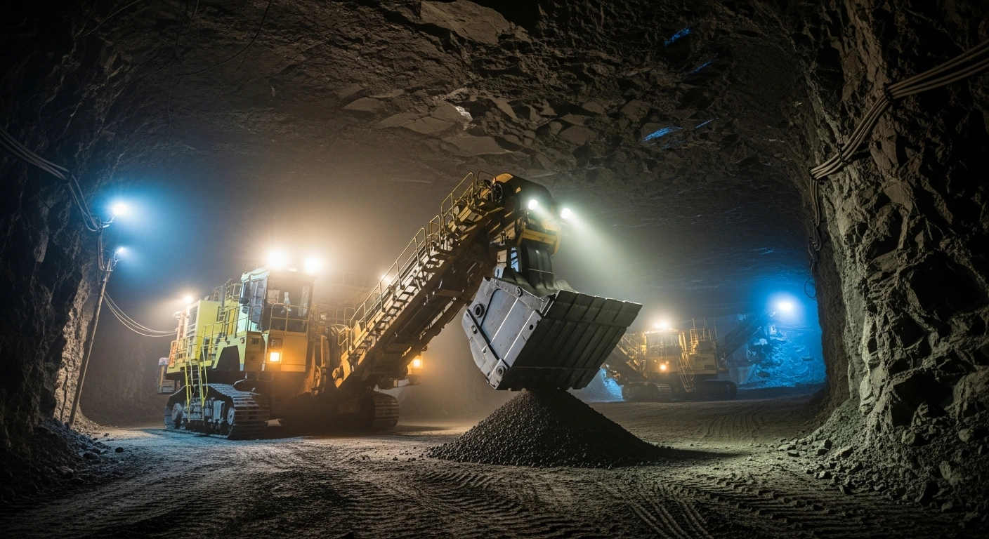 A powerful, low-angle view of modern mining machinery extracting raw tungsten ore deep within South Korea's redeveloped Sangdong mine, symbolizing its role as a key supplier to the United States and reducing reliance on China for the critical mineral, with commercial production anticipated in 2025.
