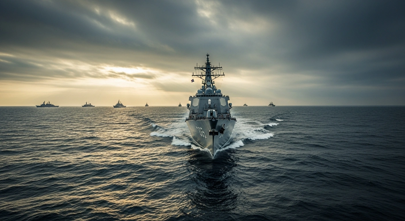 A South Korean Navy destroyer sails through rough waters during a maritime exercise to commemorate fallen service members and demonstrate combat readiness.