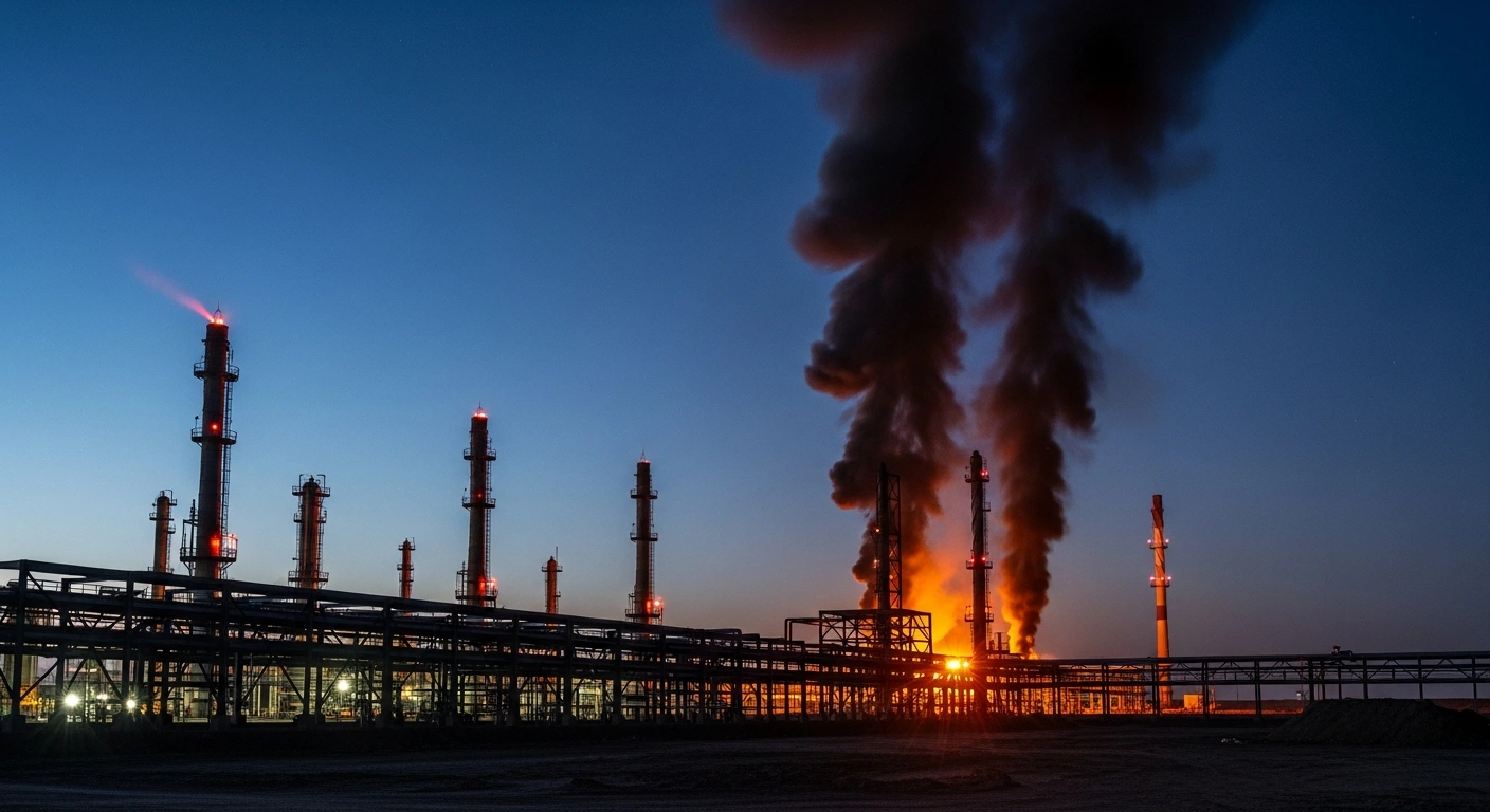 A damaged industrial facility at the South Pars gas field shows plumes of smoke following an attack that suspended gas exports to Iraq.