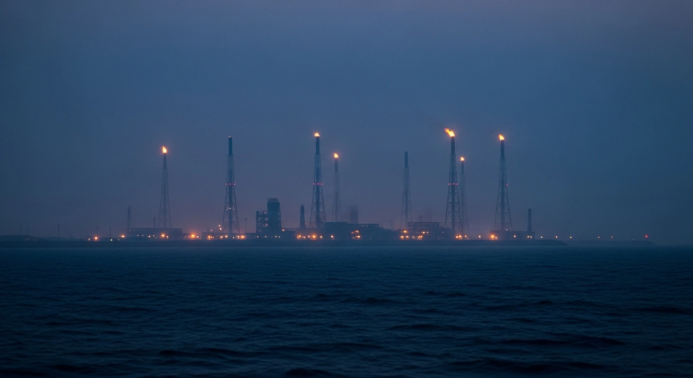 The South Pars gas field infrastructure stands illuminated against the dark horizon of the Persian Gulf during a period of heightened regional tensions.